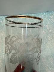 Vintage Bartlett Collins Grape Leaf Etched Glasse Gold Rim 1950s 6.75” Tall