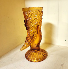 Amber Pressed Glass Vase Pedestal Goblet with Hand-Shaped Stem, Starburst