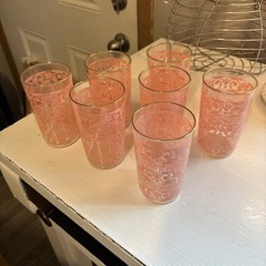 7 VINTAGE 1950’s Chantilly Pink 22K Gold rim Drinking Glasses ~Anchor Hocking