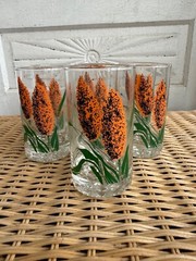 Vintage 70’s Set of 7 Drinking Glasses Painted Orange Cattails Retro MOD
