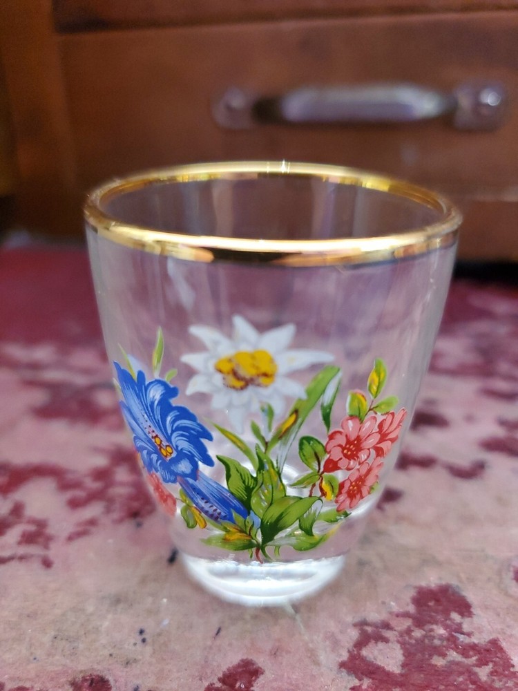 Vintage Shot Glass Handpainted Flowers France AG743