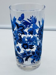 6 Libbey Royal Norfolk Blue & Black Flowered 16 oz. Iced Tea Glasses Tumblers