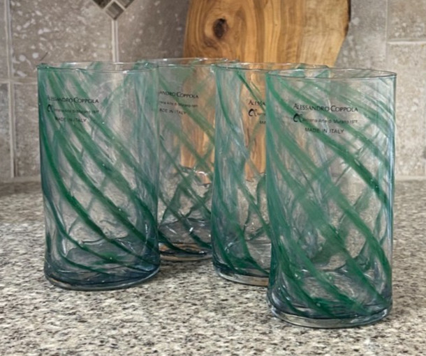 Alessandro Coppola~Murano Art Glass~5¾» Green Tumblers~Dimpled~Four