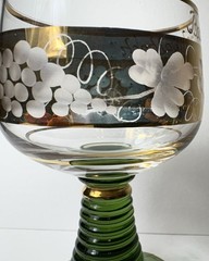 Beehive Stem Wine Glasses Green Gold Etched Grapes Leaves VTG Bad Schwalbach