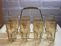 Vintage Set of 8 Blush Tumblers w/ Brass Tone Carrier Mid Century MCM Barware
