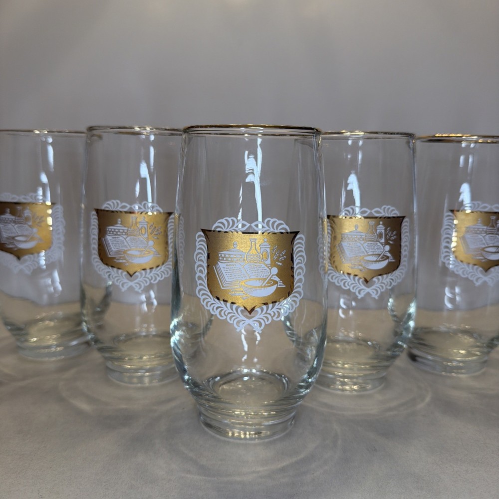 (5) Vintage Libbey Apothecary Pharmacy Rx Gold Trim Drinking Glasses Tumblers