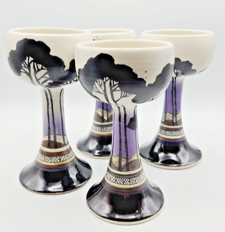 Antique Art Deco Style Stoneware Wine Goblets, Hand Made & Hand Painted