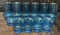 Vintage Anchor Hocking Rainflower Laser Blue Tumbler Glasses, Set of 15 Cups