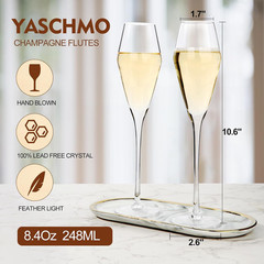 Champagne Flutes Glasses Set of 4, 8.4Oz Tulip Hand Blown Flutes | Crystal Weddi