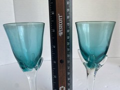 Vintage Teal Flute Glasses With Clear Tulip Stem 5 1/2 Inches Tall ￼
