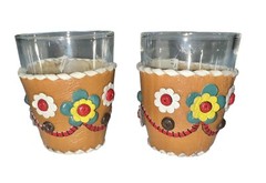 Leather Wrapped Shot Glasses Folk Art Bohemian Handmade Barware Set Of 2