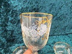 Libbey Rose Goblet Gold Bow & Rim White Frosted Floral set of 6 vintage