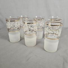 Vintage MCM Frosted Floral Swirl Gold Trim Tumblers Glasses Set of 6