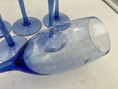 6 Blue Cobalt Champagne Flutes 8“ Tall Etched Circular And Line Design