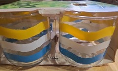 VTG Libbey Rocks Glasses Tumblers 80s Blue White Yellow Stripes 10 oz Set Of 4