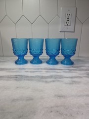 Brockway Glass Co Wine Goblets, Set of 4, Monterey Blue Footed Goblets, Textured