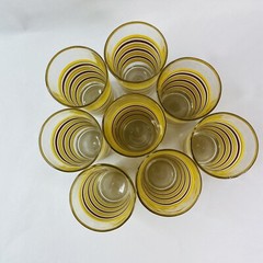 Set of 8 Vintage Tumblers Glasses Amber Glass Red Yellow Stripe