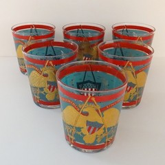 Set of 6 Cera E Pluribus Unum Scotch Whiskey Glasses Barware Patriotic Eagle MCM