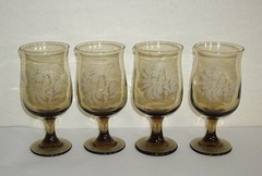 Pfaltzgraff Folk Art Bird Brown Stemmed Etched 10oz Beverage Goblets set of 4 US