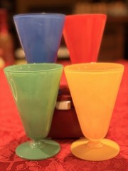 Vtg MCM Anchor Hocking Rainbow Fired On Matte Footed Goblets Set of 4 Ex Cond