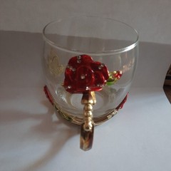 Enamel Glass Mug Rose Butterfly Tea Cup Red Floral Gold Tone with Rhinestones
