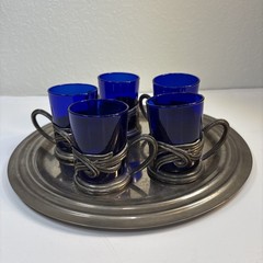 5 Vintage Cobalt Blue Cordial glasses w Tray Davco Silver Ltd 3”