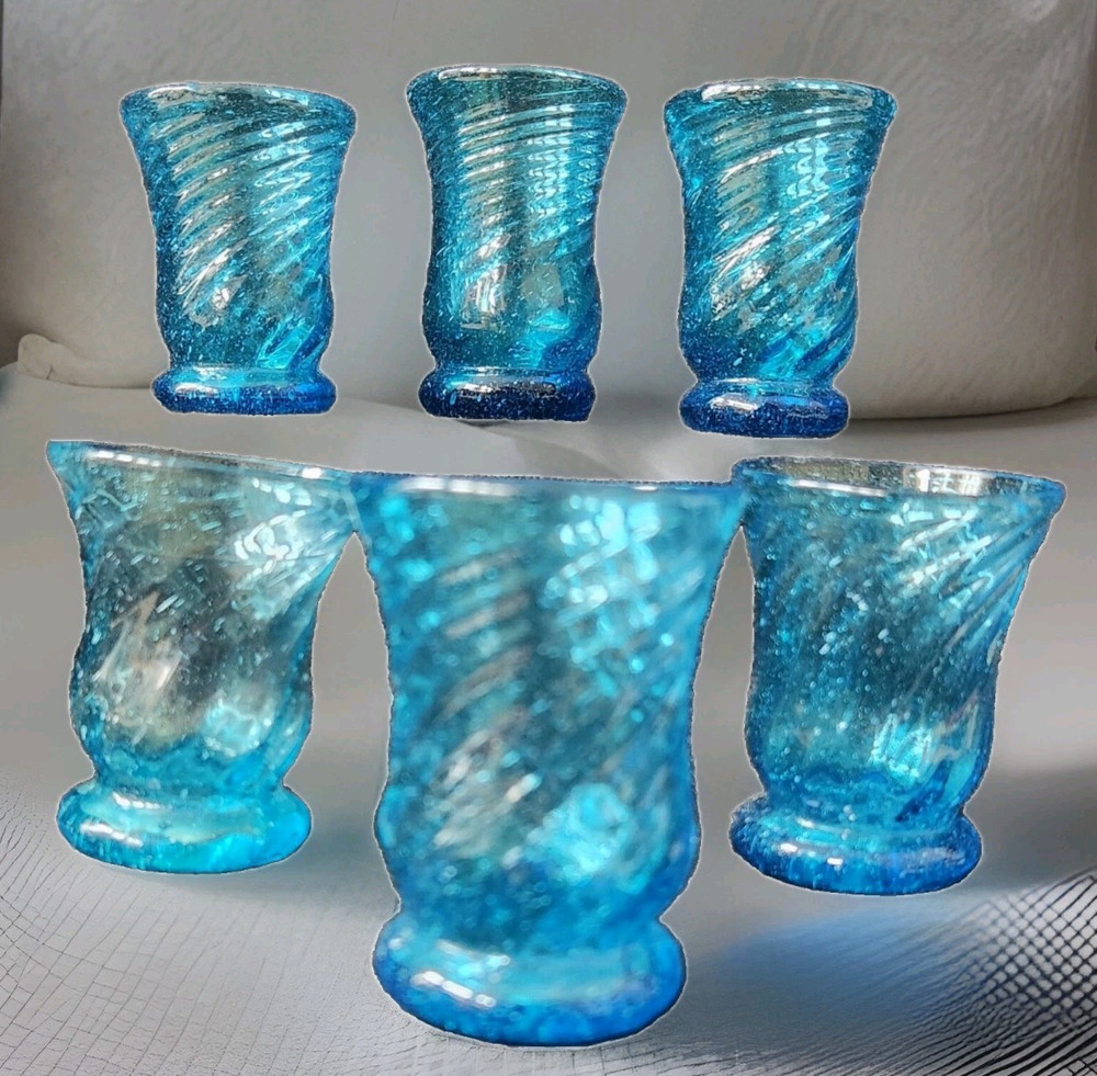 Vintage Mid Century Hand-Blown Spiral Swirl Blue Glasses 6 Mini Small 3″ Footed