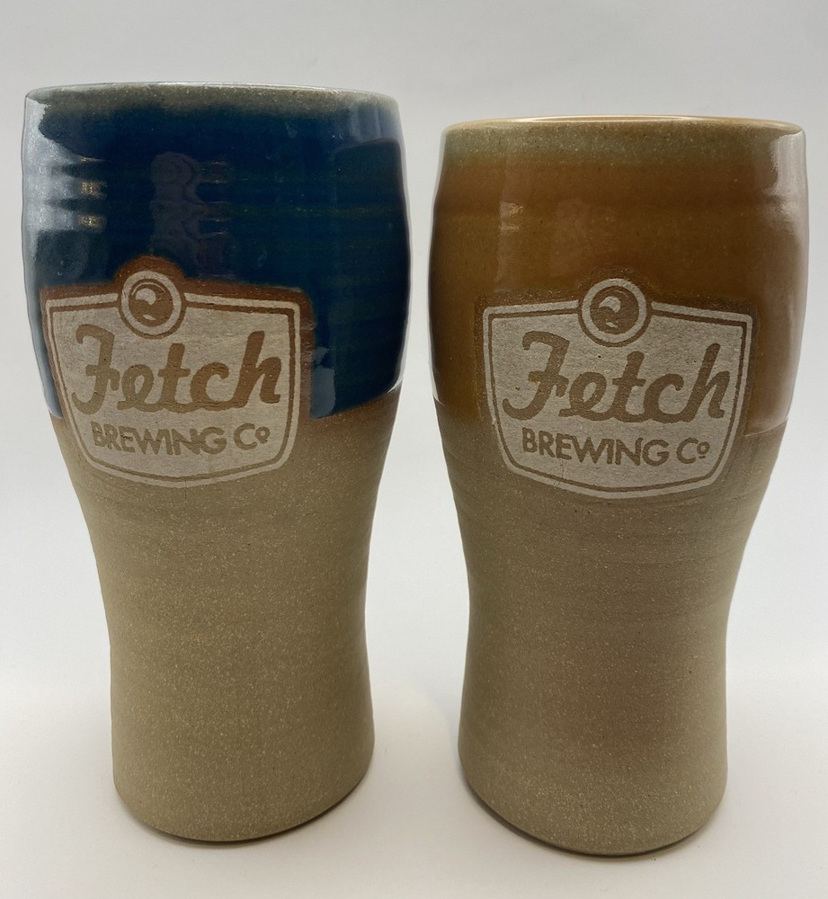 2 New Winowiecki Pottery Wheel Thrown Fetch Brewing Co Stoneware Pints, USA