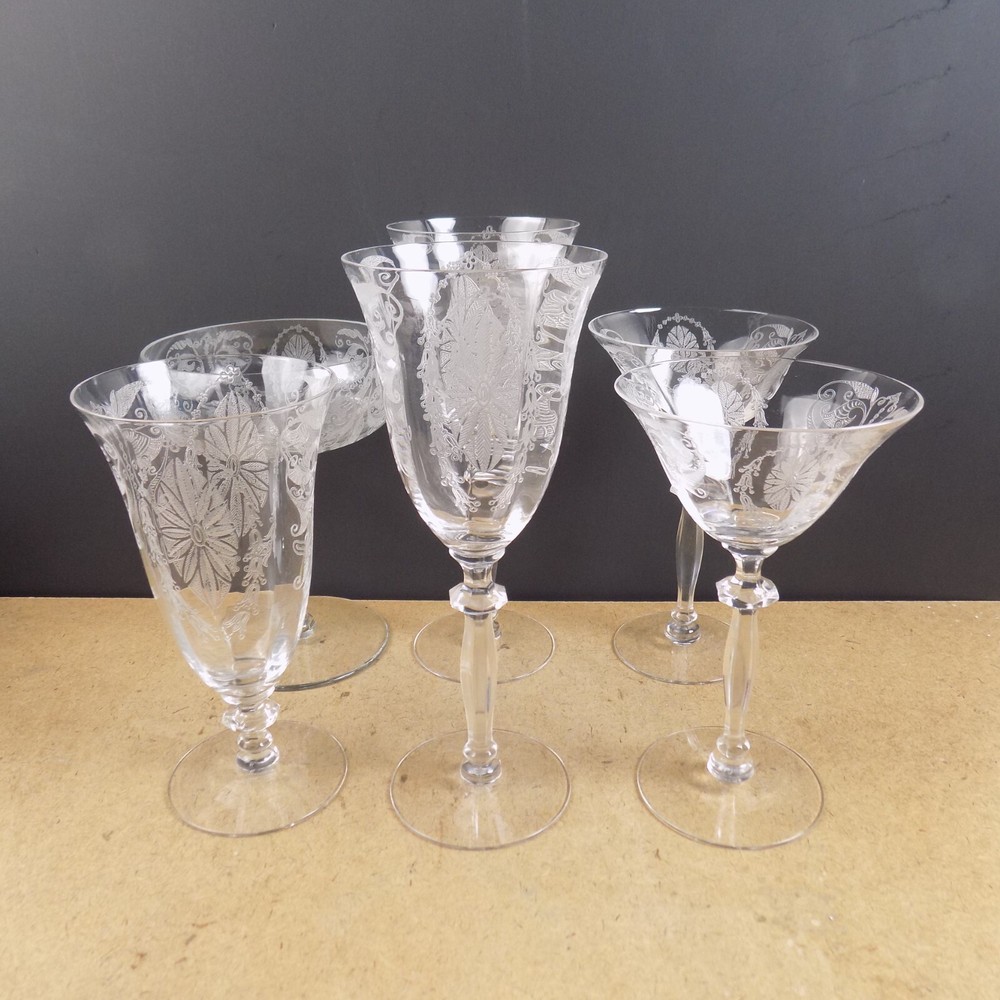 6 Cambridge Glass 732 Etched Glasses Iced Tea Wine Cocktail Goblets