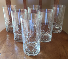Vintage 6 Pcs Highball Clear Cut Glass Tumblers Crystal Glasses Fan Criss Cross