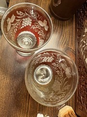 2 Antique Bohemian Engraved Red Cut To Clear Cordial/Shot Glasses