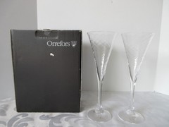 Orrefors Helena Crystal Champagne Flutes Glasses -2 Optic Swirl New Tags Signed