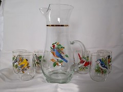 West Virginia Glass Speciality American Songbirds Pitcher Matching Glasses