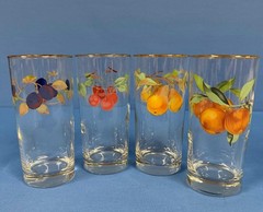 4 Hand Painted Fruit Drinking Glasses Tumblers – Peaches Pears Cherries Plums