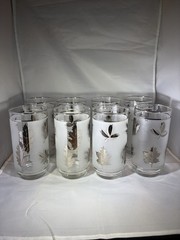 Set 8 Vintage MCM Libbey Frosted Silver Foliage Leaf Tumbler Glasses Taper 12 oz