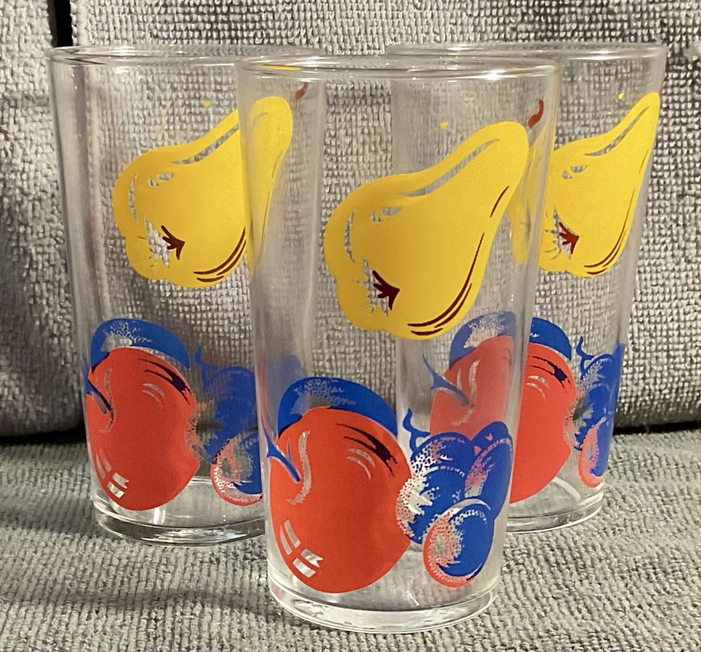 Libbey 4 1/2” Juice Glasses Fruit Pattern Pear Apple Blueberry Set/4 Vintage