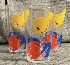 Libbey 4 1/2” Juice Glasses Fruit Pattern Pear Apple Blueberry Set/4 Vintage