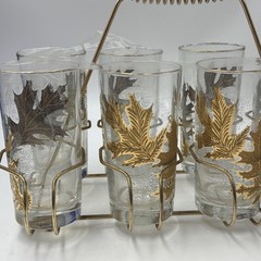 Vintage Libbey Gold Leaf High-ball Frosted Glasses 8-Piece Set – Metal Carrier