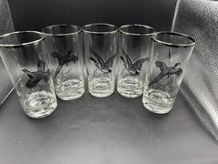 Vintage Libbey Game Birds Silver Rim Highball Glasses Set of 5 Pheasant Duck