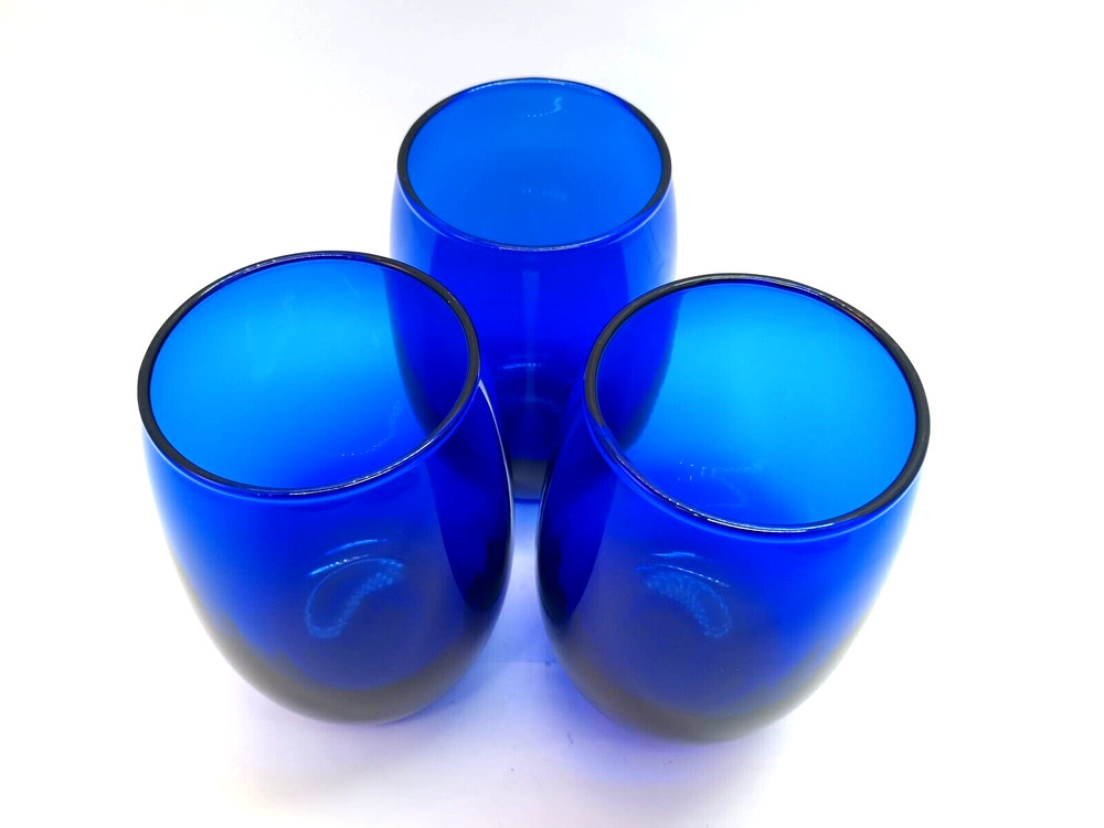 Set of 3 Cobalt Blue Stemless Wine Glass & Water Tumbler Elegant Drinkware