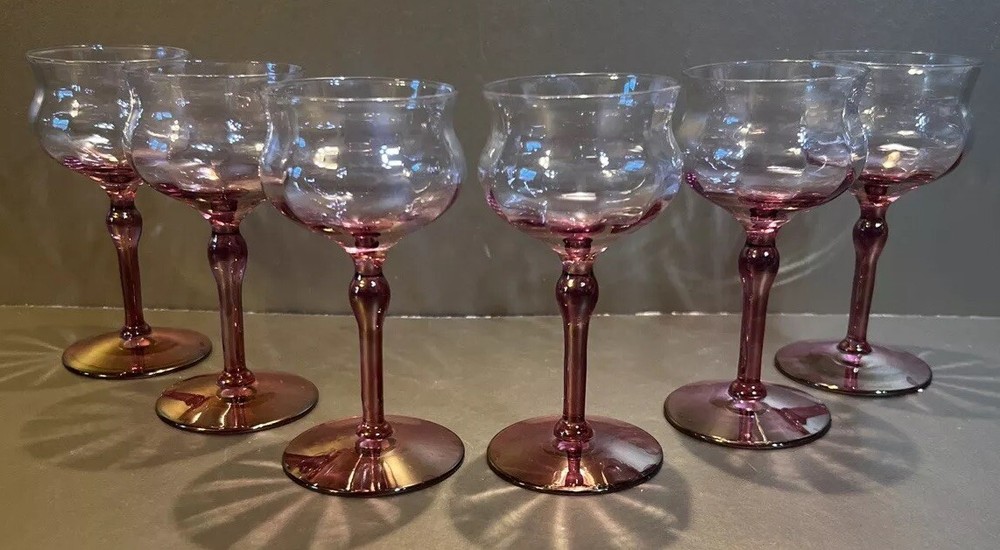 Set of 6 Vintage Pink & Iridescent Gold Optic Cordial Glasses Barware