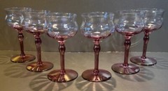 Set of 6 Vintage Pink & Iridescent Gold Optic Cordial Glasses Barware