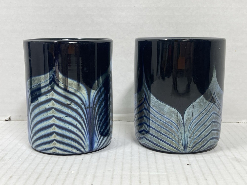 2 Steven Correia Black Iridescent Pulled Feather Double Old Fashioned Glasses