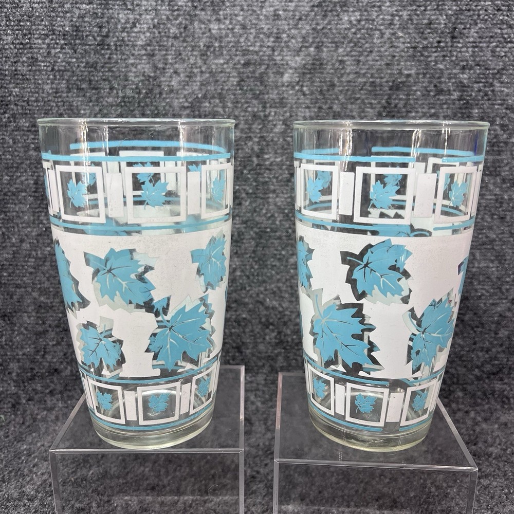 2 Hazel Atlas XL Blue & White 24oz Retro Falling Leaves Tumbler Glasses Shakers