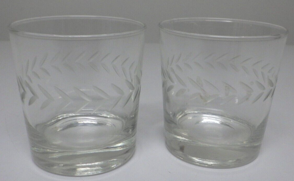 2 Anchor Hocking Glass LAUREL Gray Cut Band Clear Old Fashioned Depression