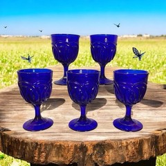 Vintage Set 5 Cobalt Blue Glass Double Ring Water Wine Goblets LG Wright 6″ Tall