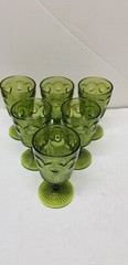6 BARTLETT COLLINS MANHATTAN BULLSEYE CANE GREEN GLASS WINE WATER GOBLETS 8 oz