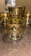 Vintage Set Of 7 Culver Valencia 22K Gold & Green Filigree Lowball Glasses