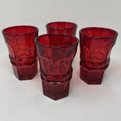 4 Fostoria Argus Ruby Red Tumblers MCM Henry Ford Museum HFM Thumbprint Glasses