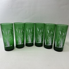 Set Of 6 Anchor Hocking Green Geese and Cattail Drinking Glasses Tumblers 6 1/2”